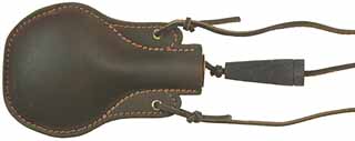 Ball flask, hard leather with wooden stopper, for bird shot or balls up to .77 caliber (10 gauge), made in the U.S.A.